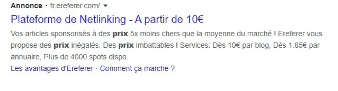 Annonce de vente de lien par ereferer